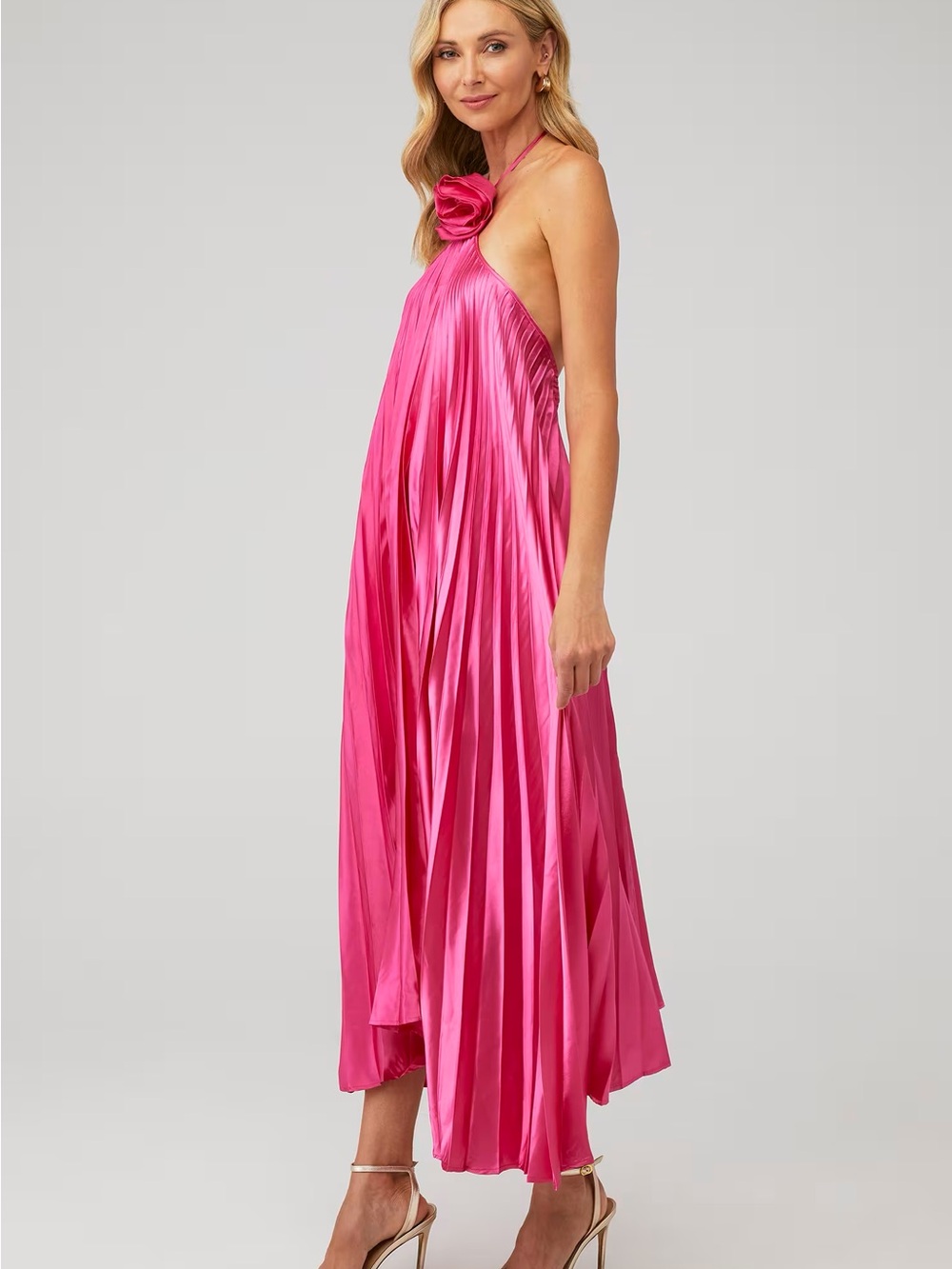 Delfi Collective Fuchsia Pleated Midi Dress with Rosette Halter